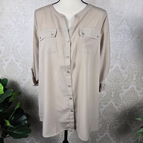 Lane Bryant Size 14/16 Khaki Color Button Down shirt Split Vneck Roll Tab Sleeve - Picture 1 of 13